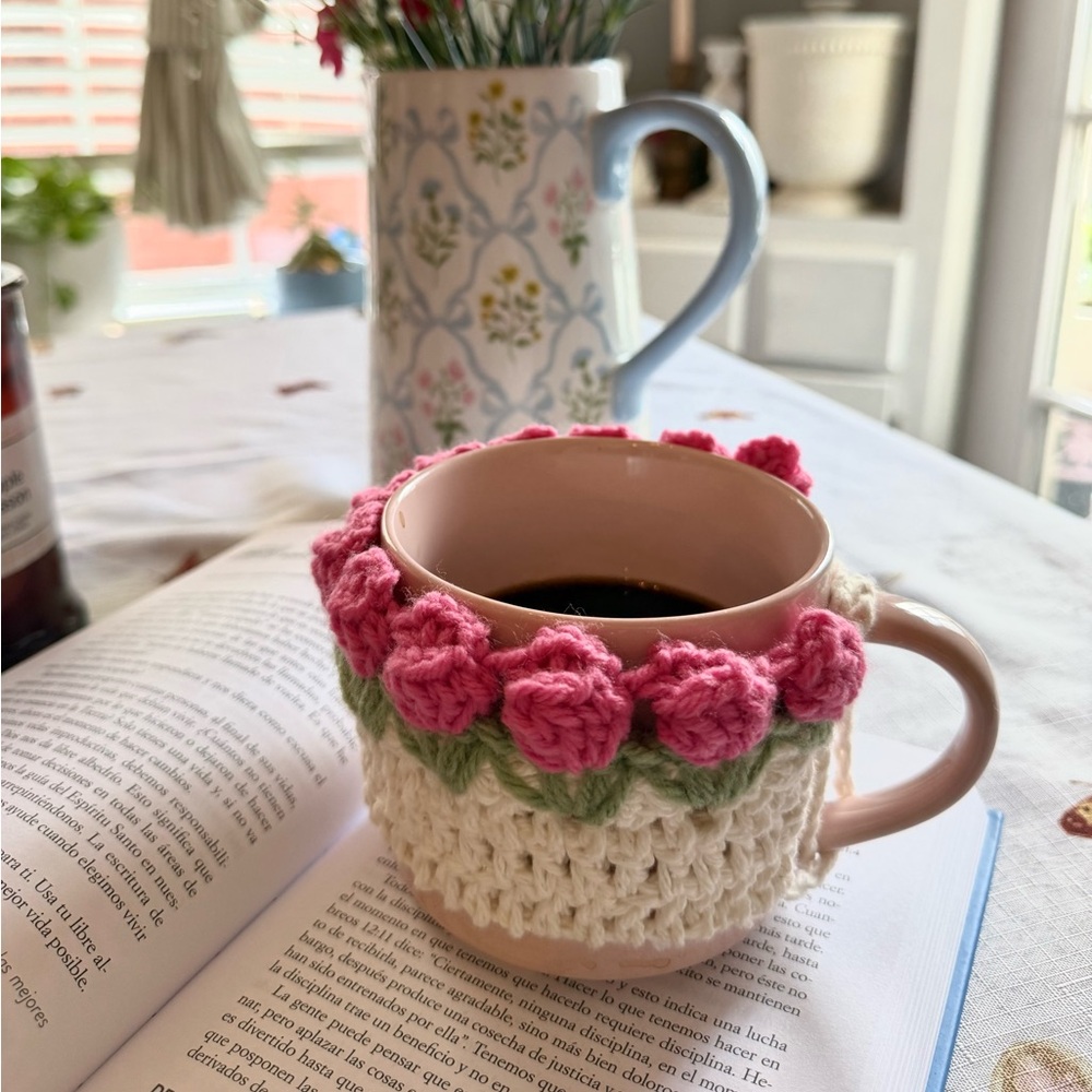 Handmade Crochet Pink Rose Mug Cozy - Floral Cup Sleeve / Warmer - Picture 6 of 6